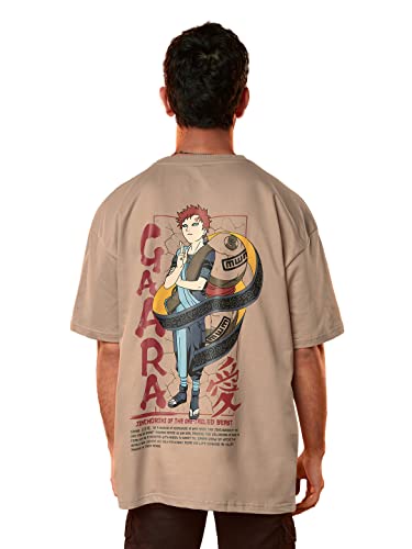 Image of The Souled Store| Official Naruto: Gaara Mens and Boys T-Shirts|Half Sleeve|Oversized fit Graphic Printed|100% Cotton Brown Color Men Oversized T-Shirts