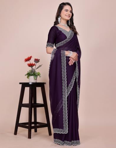 Image of SIRIL Women's Georgette Hot Fixing Stone Work Saree with Unstitched Blouse Piece