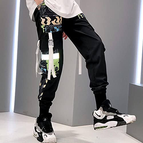 KAL'ANWEI Mode Streetwear Hommes Reflectif Hip Hop Hop Loose Cargo Pantalon Homme Joggers Graffiti Ribbon Pantalon Pantalons Techwear Pantalons-Jaune_L Cover