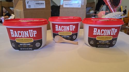 Image of Bacon Up Bacon Grease for Cooking - 14 Ounce, Pack of 3 - with Spoon - Rendered Cooking Fat for Fry, Grill and Bake