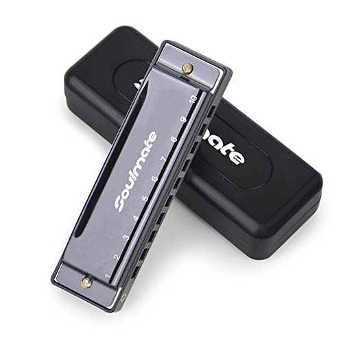 Soulmate Blues Harmonic Mouth Organ 10 Hole 20 Tones C Key with Case Diatonic Harmonica for Beginner, Students, Professional Player, Adult, Friends, Gift Black