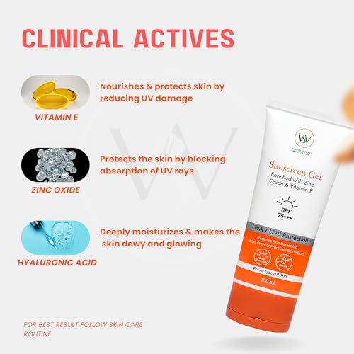 Image of Wise & Secrets SPF 75++ Sunscreen Gel 100 ml | PA+++ UVA /UVB Protection | Water Resistant, Anti-Tan & Sunburn Protection Zinc Oxide,Vitamin E & Hyaluronic Acid Hydrating, Non-Greasy For All Skin Types