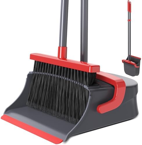 Zeawec Broom with Dustpan Combo Set, Long Handle Upright Standing Self-Cleaning Broom and Dustpan Set for Pet Hair & Dust Cleanup, Indoor Outdoor Use for Home, Kitchen, Office, Red & Gray