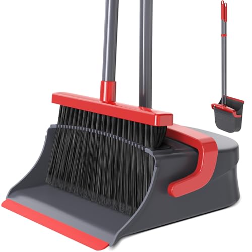 Zeawec Broom with Dustpan Combo Set, Long Handle Upright Standing Self-Cleaning Broom and Dustpan Set for Pet Hair & Dust Cleanup, Indoor Outdoor Use for Home, Kitchen, Office, Red & Gray