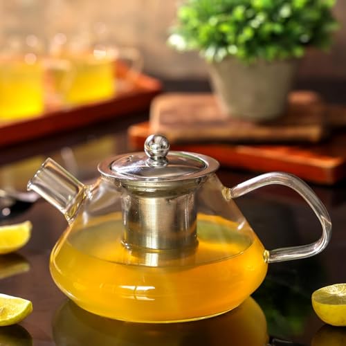 Image of Gas Stove Safe Glass Kettle - 1000ml Borosilicate Teapot with Steel Infuser, Heat-Resistant Design & Drip-Free Spout for Loose Leaf and Blooming Teas (Classic)