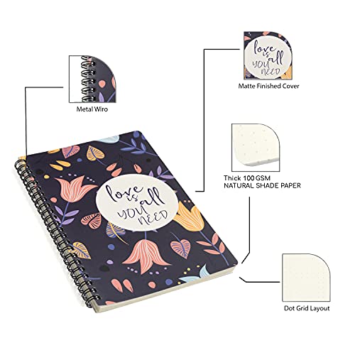 Image of Papboo A5 Handy, Love is All You Need, Easy to Carry Spiral Wiro Notebook : 100 GSM Natural Shade Paper, Dot Grid, 120 Pages, Journal, Diary, Gift