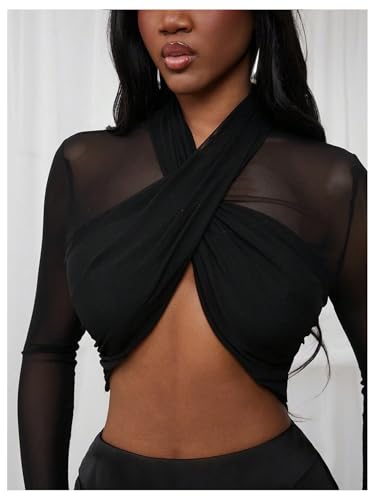 SweatyRocks Women's Sheer Mesh Criss Cross Tops High Neck Long Sleeve Fitted T Shirt Crop Top4