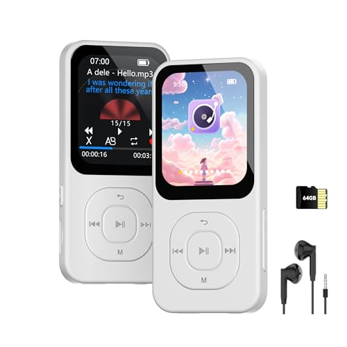64GB MP3 Player with Bluetooth 5.3-30Hrs Music Playtime/HD Screen Portable Music Player for Sports Runners with Speaker, Voice Recorder, FM Radio, E-Book, Timer Off, Expandable Up to 256GB (White)
