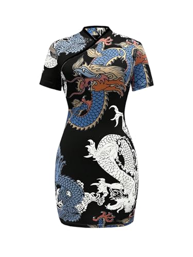 Image of Floerns Women's Cheongsam Chinese Traditional Dragon Print Qipao Bodycon Mini Dress