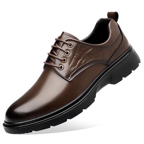 Mens Genuine Leather Lace Up Chunky Heel Platform Oxfords Round Toe Non-Slip Lug Sole Business Formal Dress Shoes for Office Wedding Party Increase Height