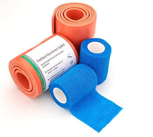 Universal Aluminum Rolled Emergency Splint and 2 Self-Adherent Cohesive Tape Rolls - Ideal Wrap for Sports, First Aid, Pets (Blue)