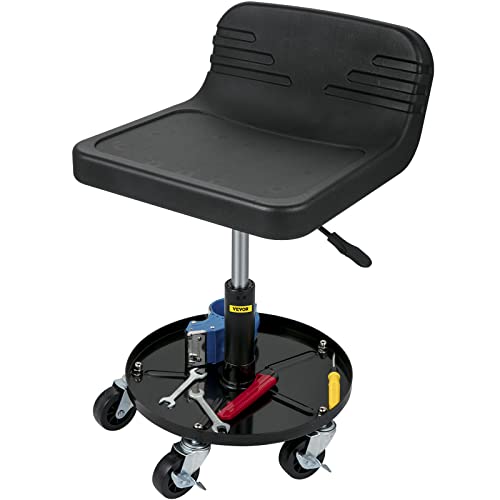 VEVOR Mobile Rolling Seat, 300LBS Capacity, Adjustable Height from 15.7 in to 20.5 in, Mechanic Garage Stool w/Swivel Wheels and Tool Tray, for Workshop, Auto Repair Shop, Black -  Workshop Garage Stool
