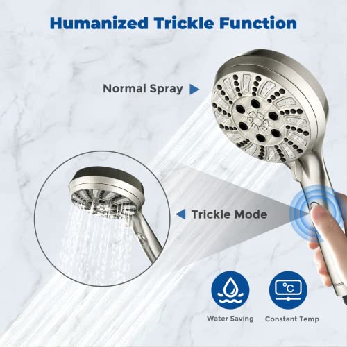 Shower Head Combo - Watersong 4.5" 6-Setting Handheld Showerhead And 7" 5-Setting Rainfall Spray, One Click For High Pressure/Trickle Mode, With 70” Longer Stainless Steel Hose, Brushed Nickel #TOP4