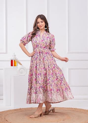 Image of Women's Floral Print Anarkali Kurti | Flared Long Maxi Kurta in Soft Cotton Fabric | Elegant Ethnic Wear for Casual & Festive Use | Anarkali Gown for Girls | 48 inch Length
