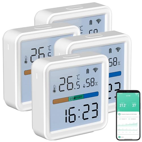 Luminea Home Control Temperaturfühler: 4er-Set WLAN-Temperatur-und Luftfeuchtigkeitssensor, Datenlogger (WLAN Temperaturmessung, Thermometer Alexa...