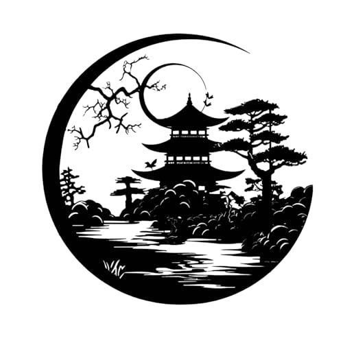 Image of zhongko Black Metal Wall Art, Japanese Metal Wall Art with Abstract Trees, Moon, Pavilion, Oriental Landscape Iron Artwork for Walls, Living Room Bedroom Decor