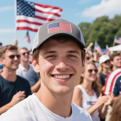 Image of American Flag Trucker Hat for Men Women, Adjustable Snapback Mesh USA Flag Baseball Cap