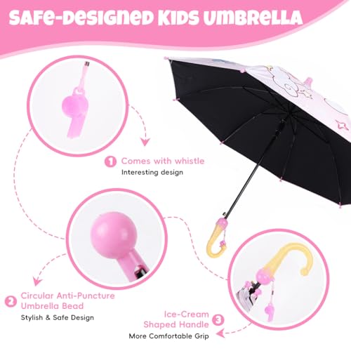 Image of PALAY Kids Unicorn Anime Girl Umbrella with Whistle Handle, 88cm Diameter Cartoon Pink Rain Umbrella for Ages 5-8 Water-Resistant Polyester Canopy, Safe Non-Slip J-Hook Handle Kids Rain Gear