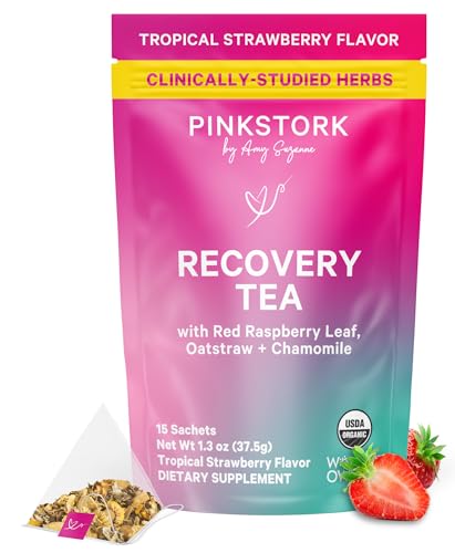 Pink Stork Postpartum Recovery Herbal Tea, Organic Red Raspberry Leaf with Chamomile, Hormone Balance for Women After Labor & Delivery, Strawberry, Postpartum Essentials, Caffeine-Free, 15 Sachets