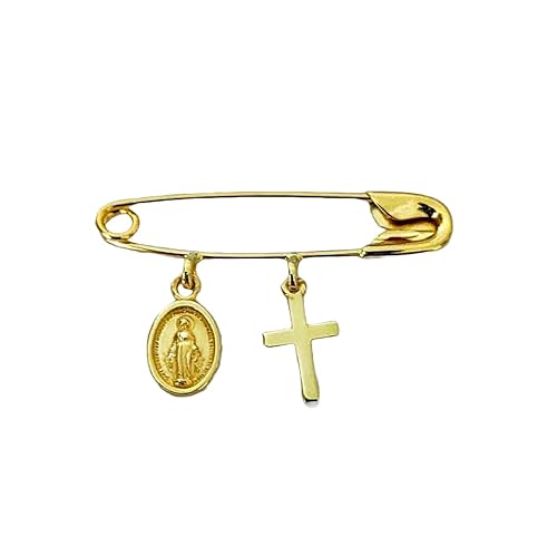Miniatura 6 de 14k Yellow Gold Baby Safety Pin with Cross & Virgin Mary CharmsChristeningBaptismNOT Gold Filled NOT Gold Plated