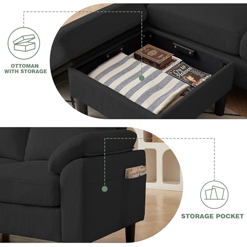 Image of 4 Piece Modern Corduroy Sofa Set, L-Shaped Sectional Couch with Storage Ottoman, Loveseat & Single Arm Chair, Side Storage Pockets, Removable Cushions for Living Room Apartment
