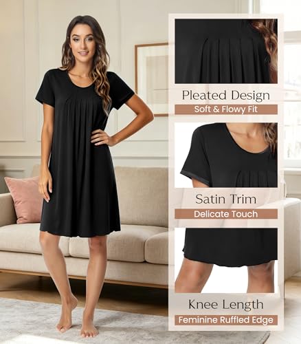 Image of NACHILA Nightgowns for Women-Viscose Made from Bamboo, Pleated Sleepwear.