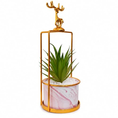 Image of Marble Ceramic Planter Pot with Artificial Succulent | Gold Deer Metal Stand Indoor Fake Plant for Home Decor | Living Room Office Table Showpiece Gift (Pink & Gold)