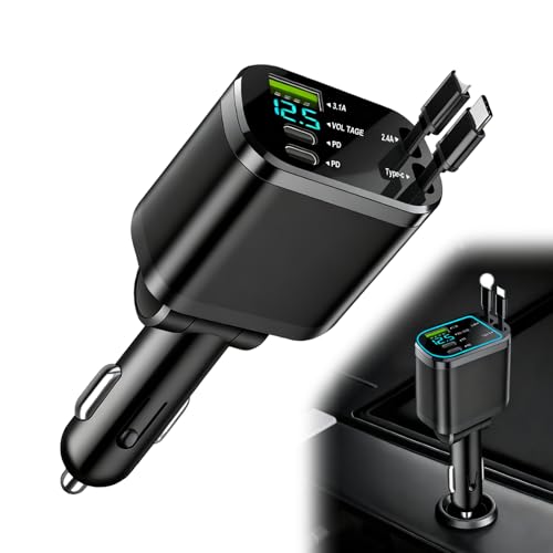 5 in 1 Cargador Coche 75W Carga Rápida, Plegable Car Charger USB Adaptador Mechero 3 Puertos (USB×1 + USBC×2) y 2 Cables Retráctiles, 12V/24V Compatible con Móvil y Tablet
