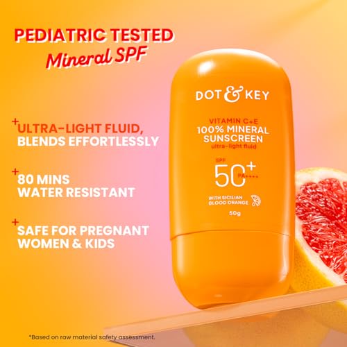 Image of Dot & Key Vitamin C + E 100% Mineral Sunscreen In-Vivo Tested SPF 50+ PA++++ | No White Cast, Lightweight Fluid, With Zinc Oxide & Titanium Dioxide | Blends Easily, Boosts Natural Glow, Non-Greasy | 50gm