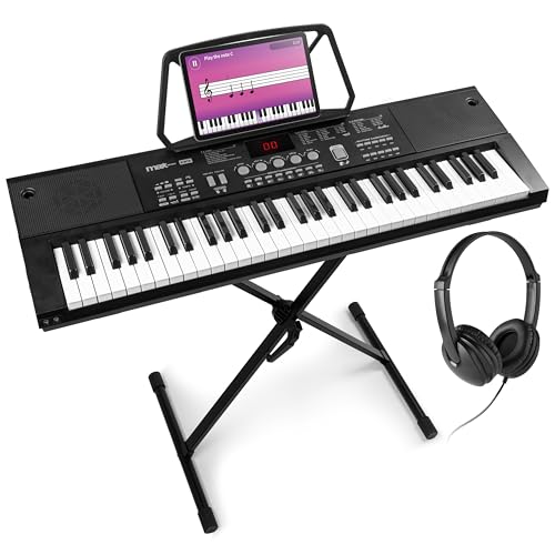 MAX KB15 - Teclado piano con 61 teclas, con micrófono, soporte para teclado y auriculares, autonomía de 8 h, pantalla LCD, 70 canciones, ideal para principiantes, 26 sonidos, 8 percusiones, USB-C