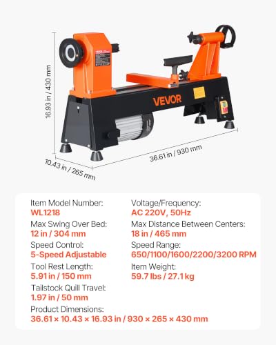Image of VEVOR Wood Lathe 3 /4 HP 12 inch x 18 inch Benchtop Wood Lathe Machine 5 Speeds, 780 /1320 /1920 /2640 /3840 RPM, with Tool Rest, Wrenches, Faceplate, Heavy Duty, for Beginner Professional Woodworking, Woodturning