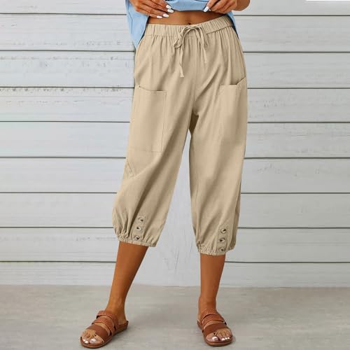 Women's Elastic High Waist Drawstring Capri Pants with Pockets Casual Loose Wide Leg Cropped Trousers2