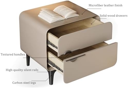 Modern Wood Nightstand with Leather Finish, 2 Silent Drawers, Stylish Bedside Table & Space Saver for Bedroom & Living Room (White, 40cm/15.75in)