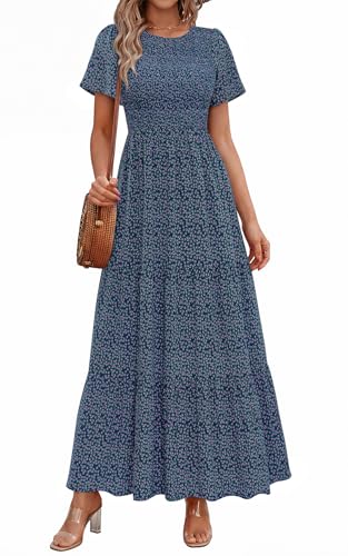 Image of PRETTYGARDEN Women's 2026 Summer Casual Flutter Short Sleeve Boho Floral Maxi Dress Crew Neck Smocked Tiered Long Dresses