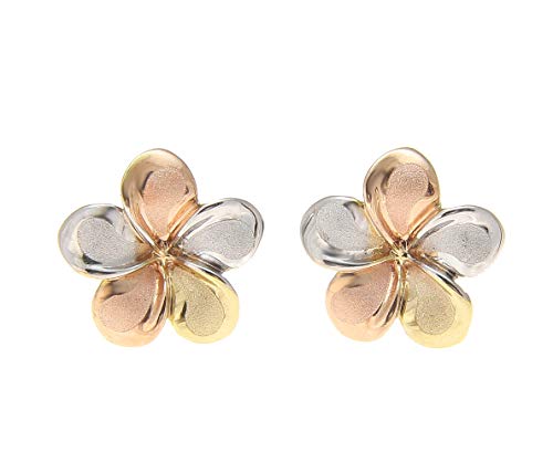 14K solid tricolor gold Hawaiian 7mm plumeria flower stud post earrings