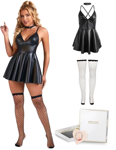 Robe simili cuir femme grande taille décolleté en V extensible pour soirée club et libertine