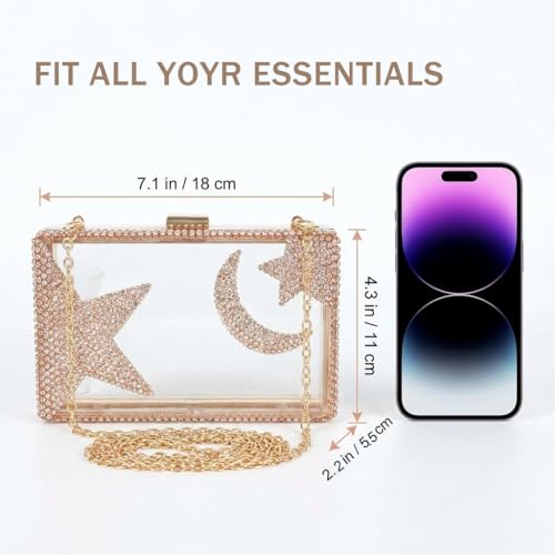 Image of Ladies Clear Acrylic Moon and Star Rhinestone Chain Bag Sparkly Transparant Clutch Purse for Women Evening