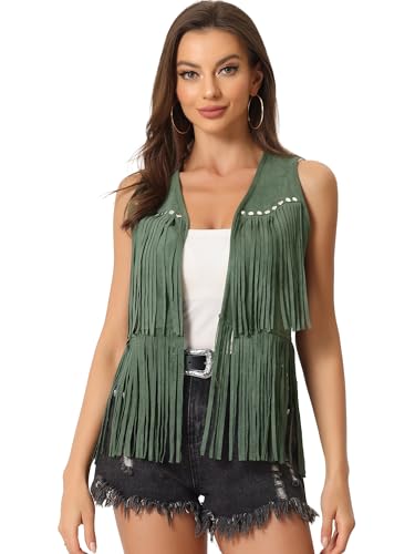 Image of Allegra K Women's Fringe Top Vest Open Front Western 70s Outfits Faux Suede Tassel Cardigan
