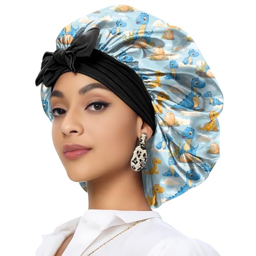 Deokke Satin Hair Braid Bonnet for Sleeping Double Layer Elastic Wide Soft Tie Band Sleeping Hair Silk Lined Sleep Cap for Women Girls-Dinosaur