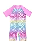 Girls Mermaid One Piece Zipper Bathing Suits Kids Short Sleeve Rash Guard UV 50+ Swimsuit Summer Swimwear with Pants 6-7Y