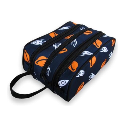 Estojo Escolar com 3 Compartimentos, Azul Marinho com Estampa, Material Resistente, Alça Lateral, Zíperes Individuais, Design Versátil para Material Escolar