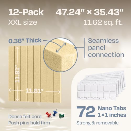 Image of X-Large Cork Board Alternative 12-Pack Felt Bulletin Board Thick and Decorative Pin Board for Home Office Walls 47.24 x 35.43 Inches with 72 Adhesive Tabs - [Cancun Sand]