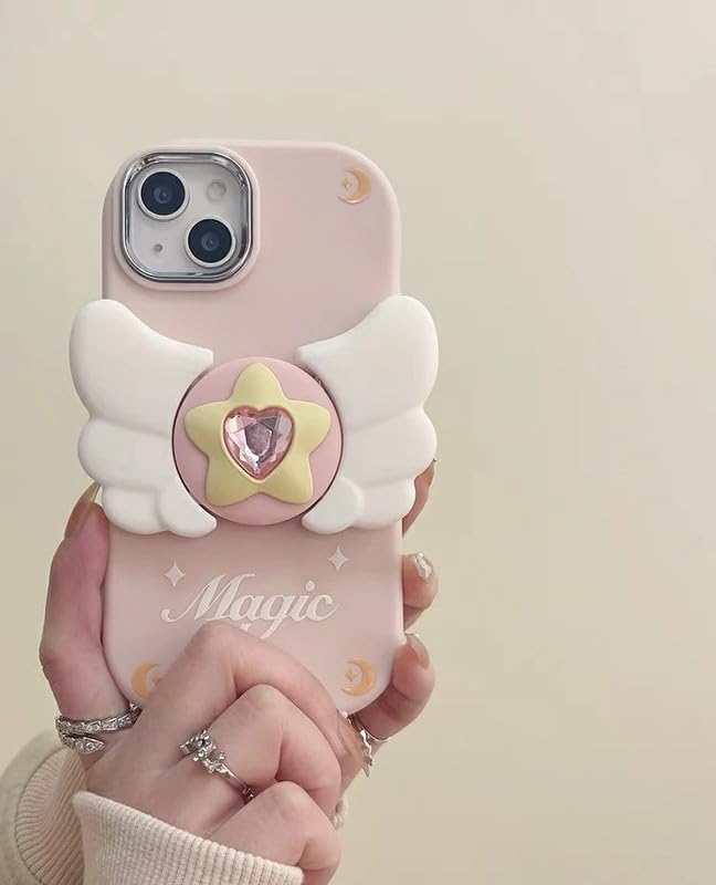 Image of COVERLY 3D Cute Magical Fairy Angel Wings Folding Fly Cartoon Magic Stars Premium Heart Shaped Diamond Phone Stand Holder Soft Silicone Cover Girly Love Cute Adorable Case for Apple iPhone 12 Pro