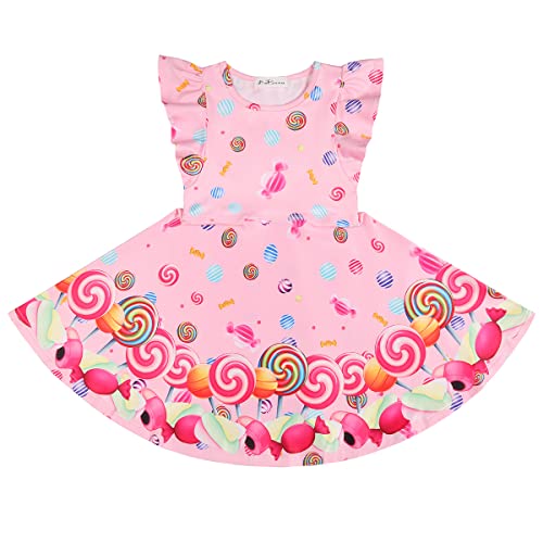 Labeca Baby Girls Printed Casual Party Dresses Twirly Ruffle Sleeve Dress Lollipop Cap Xs #TOP2