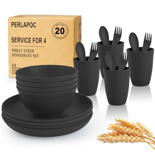 Image of Wheat Straw Dinnerware Sets, Unbreakable Kids Plates and Bowls Sets 20-Piece Service for 4, Alternative Plastic Outdoor Camping Dishes, Microwave & Dishwasher Safe - Black
