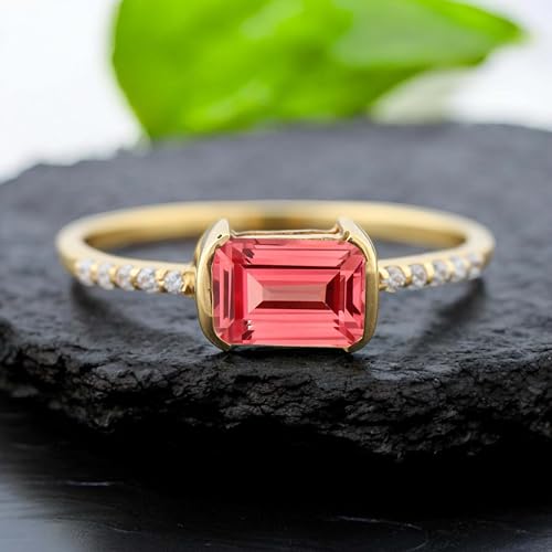 Padparadscha Sapphire Ring, Emerald Cut Stone Statement Jewelry, 14K Solid Gold Engagement Ring, Diamond Promise Ring Gift for Her2