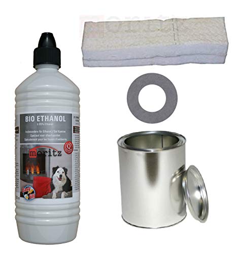 Starter Set 1 x 1000 ml Bio Ethanol + 1x Blechdose 250 ml mit Deckel + 1x Watte/Keramikwolle + 1x Sparplatte für Brenner Kamin Ofen