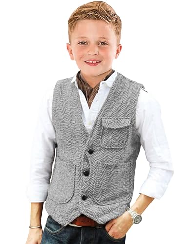 Image of Retro Boys Tweed Vest for Kids Formal Dress Herringbone Suit Vest for Toddler Boy Wedding Waistcoat