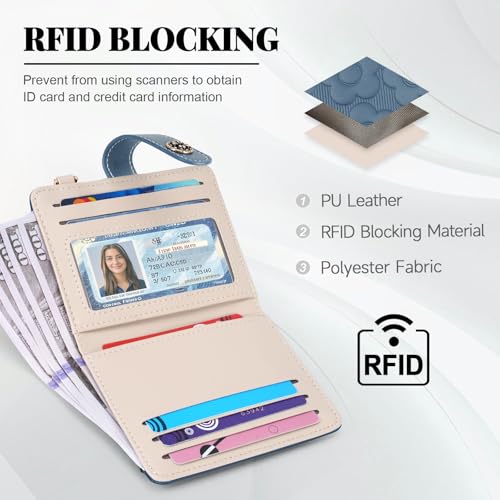 Image of RFID Wallet Women,Slim Small Wallets Embossed Flower Leather Bifold Compact Ladies Girls Wallet with Credit Card Holder Zipper Coin Pocket Peacock Blue