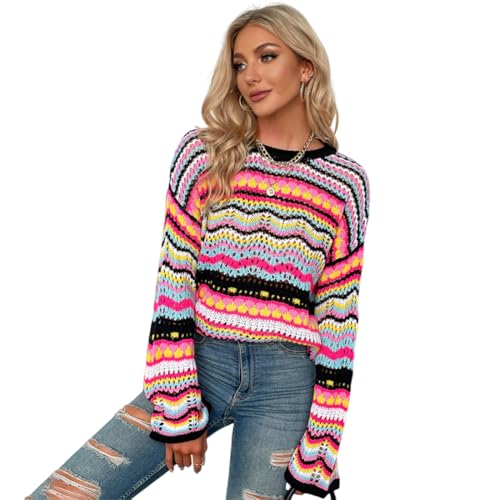 ABAFIP Women's Colorful Knit Sweater Flared Long Sleeve Crochet Knitted Pullover Cropped Rainbow Striped Knit Sweater